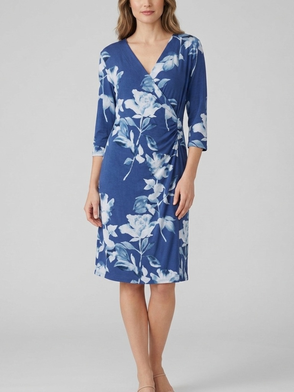 Soft Surroundings Blue Floral Faux Wrap Dress XL Stretch Midi 3/4 Sleeve Ruched